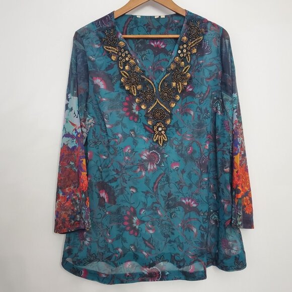 Soft Surrounding Womens Floral Beaded V Neck Tuinc Top Sheer Boho Art To Wear - Picture 1 of 8